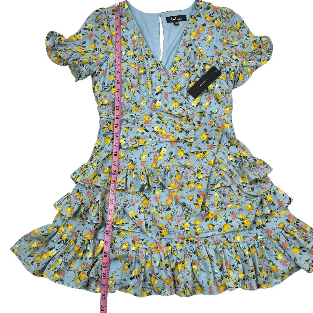 Lulus Feeling Butterflies Blue Floral Boho Tiered Ruffle Mini Dress Medium - Picture 10 of 12